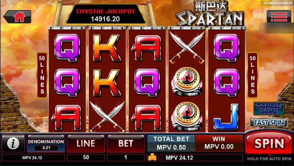 Spartan reels in front of crumbling walls under an orange sky: purple Q, orange K and red A letters, crossed swords and a red-and-gold ring, 50 LINES on both sides, CRYSTAL JACKPOT 14916.20 and the 斯巴达 SPARTAN logo
