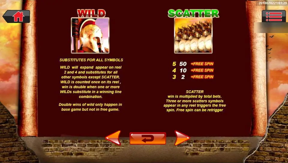 WILD and SCATTER help page: a crested Spartan helmet as the WILD, expanding on reels 2 and 4 and doubling base-game wins, and a line of shield-bearing soldiers as the SCATTER paying 50, 10 and 2 plus free spins