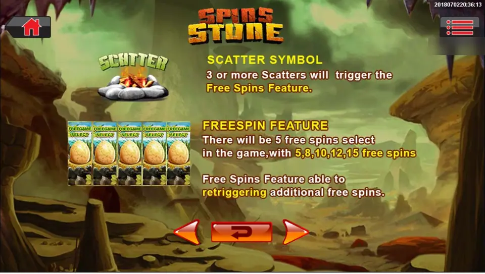 Scatter and free-spin help page: a campfire in a ring of stones as the SCATTER, three or more trigger the feature, five FREEGAME SELECT eggs with 5, 8, 10, 12 and 15 free spins, and retriggering allowed