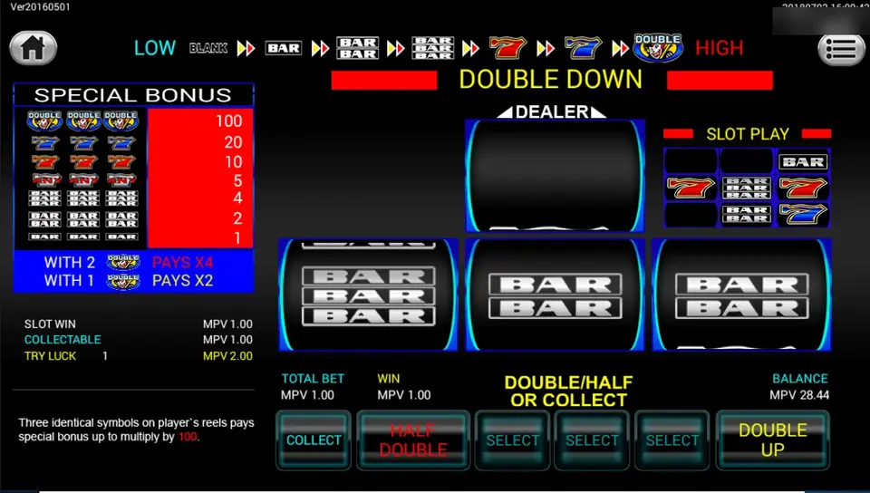 Double Down screen: a LOW-to-HIGH ladder from blank to the Double symbol, a DEALER reel, three player reels showing triple and double BARs, a SPECIAL BONUS table up to 100, and COLLECT, HALF DOUBLE, SELECT and DOUBLE UP buttons